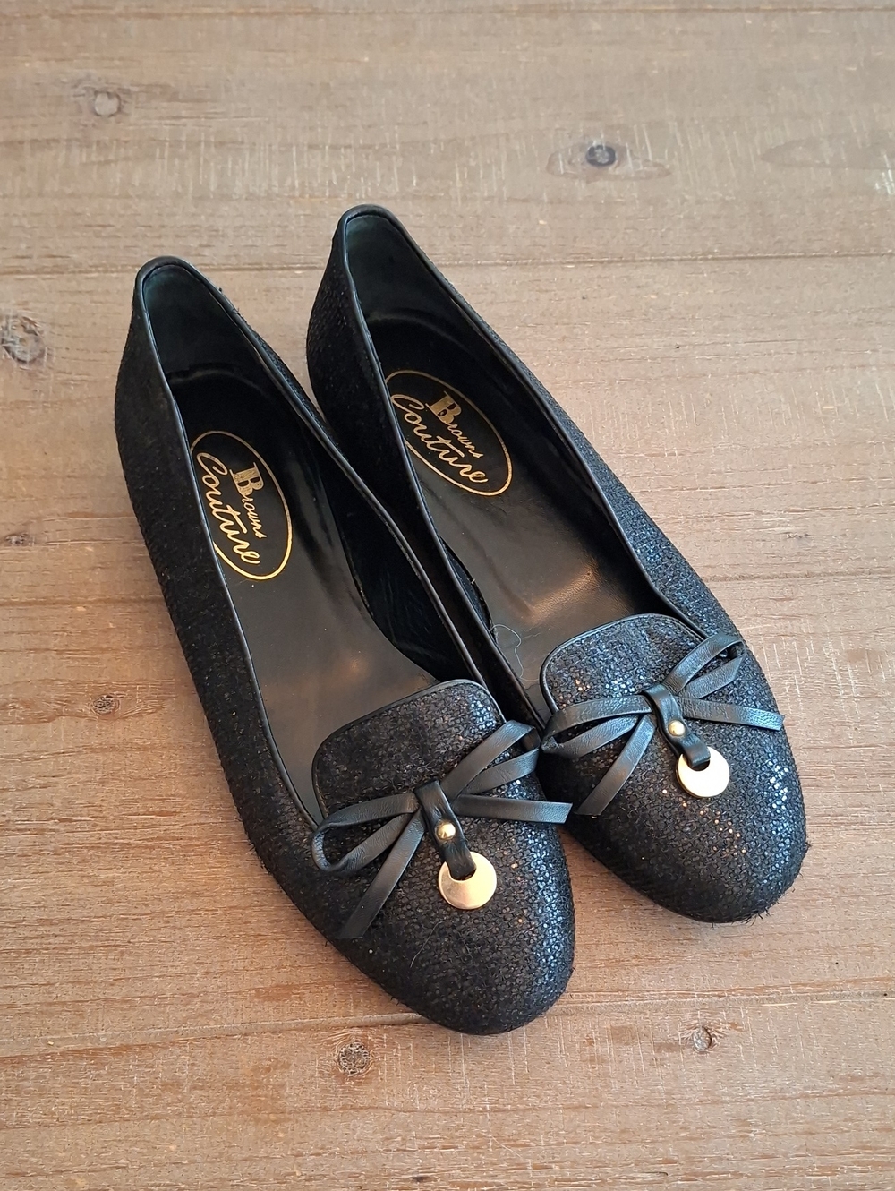 Brown's Couture Luxury Black Glitter Bow & Charm Detail Slip-on Loafers (EU 37)